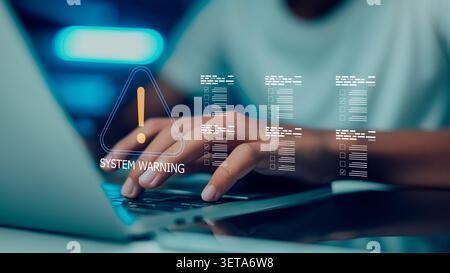 Person hands on laptop, close up with a virtual reality triangle warning sign showing exclamation mark and AR checklist columns, indicating a system w Stock Photo