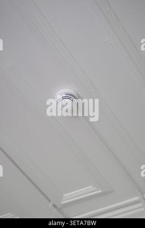 Smoke detector is mounted on the ceiling in a room Stock Photo