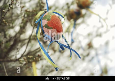A collection of Easter eggs hanging from a willow tree in spring Stock Photo