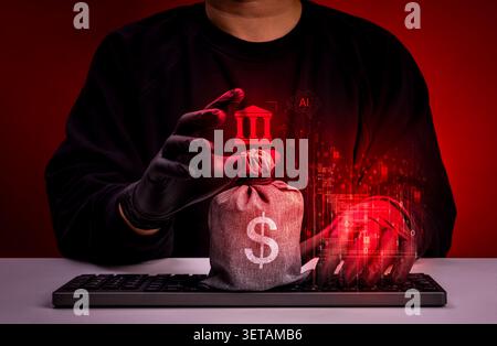 Cybercriminal using AI technology to target digital banking systems and financial assets. AI driven financial attack, banking fraud, cyber theft, fint Stock Photo