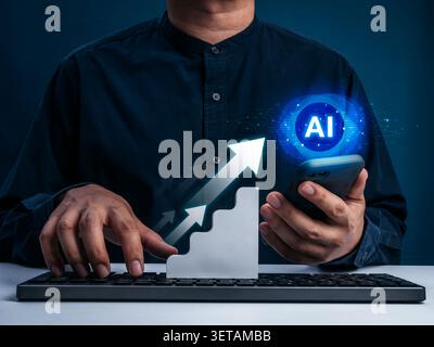 Businessman using smartphone with AI analytics and growth chart interface. AI powered mobile business, smart productivity solutions, digital transform Stock Photo