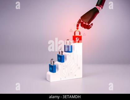 AI-powered cyber attack and cybersecurity threat concept featuring black robotic hacker unlocking digital security systems. AI security breach, data h Stock Photo