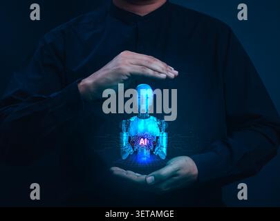 Human hands protecting and control AI robot hologram. Responsible AI, artificial intelligence governance, ethical technology, AI regulation, cybersecu Stock Photo