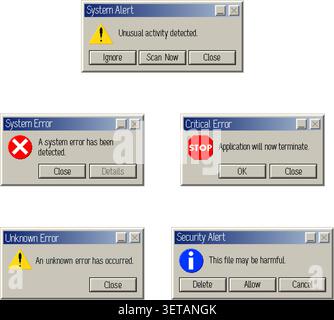 Pixel style computer error popup window collection set, vector pixel art Stock Vector