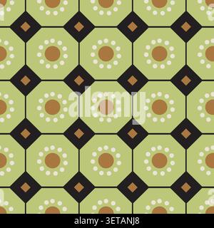 Vector green, black, orange Victorian tile look seamless vector pattern. Geometric octagons arranged in symmetrical order featuring abstract circle Stock Vector
