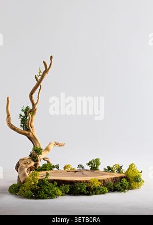 Rustic Wooden Display Stand with Moss and Driftwood on Simple Background Stock Photo