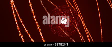 Powerful abstract complex red geometric wireframe structure holding bright glowing center, crossed by dynamic fiery energy trails over deep dark backg Stock Photo