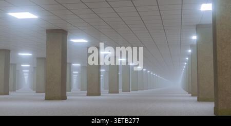 Atmospheric disturbing endless indoor liminal space, featuring repetitive thick concrete pillars, old gray carpet, bright ceiling lamps, mysterious th Stock Photo