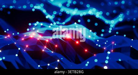 Beautiful abstract low poly digital terrain featuring glowing red network connections over dark blue background, representing futuristic technology, d Stock Photo