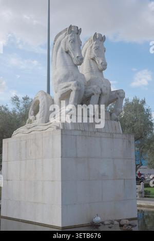 Twin Horse Sculptures on Stone Pedestal at Decorative Fountain, Belém, Lisbon, Portugal Stock Photo