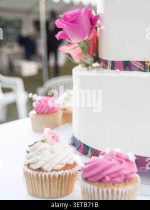 Elegant wedding cake with pink roses and decorated cupcakes at a celebration reception. Stock Photo