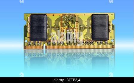 A high-quality RAM memory module rests on a glossy reflective surface against a blue gradient backdrop. Ideal for tech, electronics, and computer hard Stock Photo
