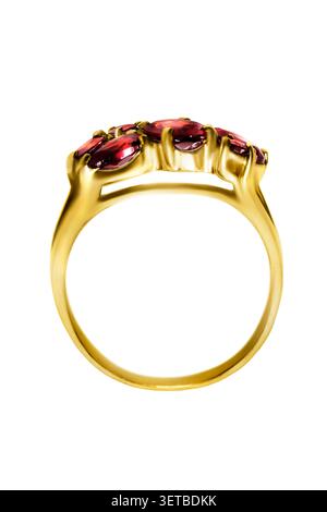 Elegant golden ruby ring isolated on white background Stock Photo