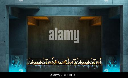 Futuristic hall concrete and fire Stock Photo