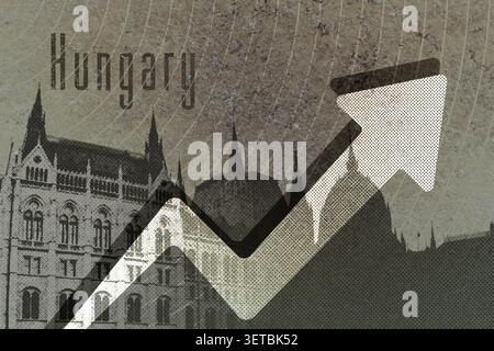 Hungary economic growth, financial success, and political development shown with Budapest Parliament Building silhouette, an upward arrow, and country name typography on a textured background Stock Photo