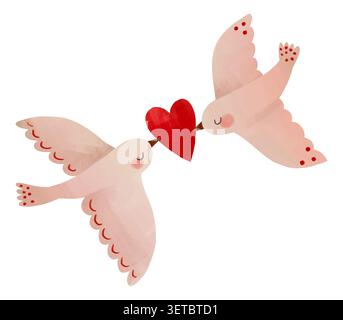 Two cute cartoon pink birds holding a red heart in beaks hand drawn illustration symbol for female support menstruation circle and girl power card tem Stock Photo