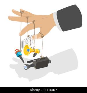 3D Isometric Flat Illustration of Fake And Disinformation, Businessman Arm Manipulating Media Stock Photo