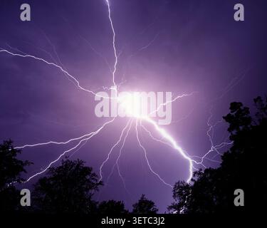 Lightning bolt in fascinating shape on dark blue night sky. A real natural weather photo of a thunderstorm. Stock Photo