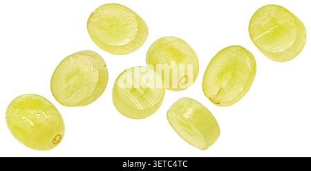 Falling green grape slices isolated on white background Stock Photo