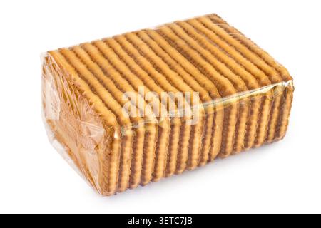 Cookies in transparent packaging on a white background. Biscuit packaging is isolated. Stock Photo