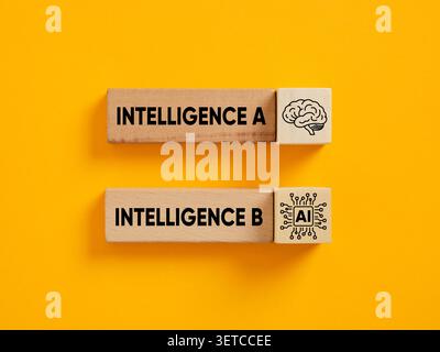 Wooden blocks showing human brain and AI chip icons side by side, symbolizing a comparison of human intelligence versus artificial intelligence Stock Photo