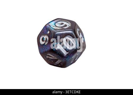 Blue twenty sided gaming dice used for tabletop role playing games, fantasy adventures and board games. Isolated on a white background. Stock Photo
