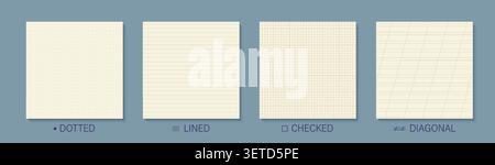Grid dot, diagonal line, checkered education pattern. Crumple bg of notebook note mockup sheets. Tan beige vintage paper texture set. Vector faded ill Stock Vector