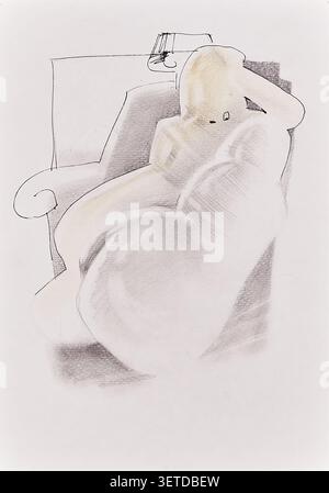Contemporary figurative artwork showing a relaxed reclining figure in an armchair, rendered with soft shading and minimal lines. Stock Photo