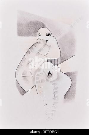 Minimalist figurative artwork showing two abstract human forms engaged in silent interaction through expressive shapes. Stock Photo