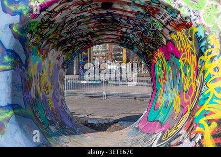 Suvilahti DIY Skatepark tunnel entrance in Sörnäinen district of Helsinki, Finland Stock Photo