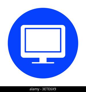 This image features a solid blue circle with a minimalist white computer monitor icon, symbolizing technology and digital communication in a modern wo Stock Vector