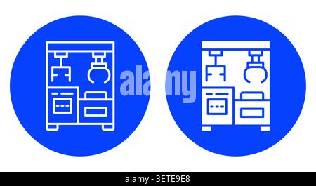 This set features two industrial equipment icons displayed on blue circles. The simple line drawings represent machinery and tools used in various ind Stock Vector