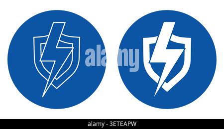 Two striking lightning bolt symbols with shield designs on blue backgrounds showcase power and protection. Ideal for modern branding and creative proj Stock Vector