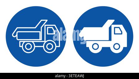 This image features a simple icon set of a dump truck in a blue circle. The design includes both outlined and filled versions, perfect for constructio Stock Vector