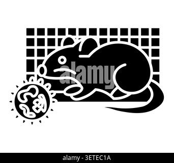 A stylized black and white illustration of a mouse interacting with a virus in a laboratory setting, emphasizing themes of science and research in hea Stock Vector