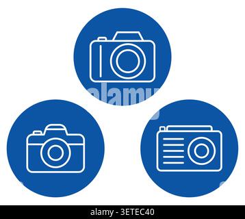 Set of three camera icons in blue circles showcases minimalist design for digital platforms, perfect for creative projects or photography-related them Stock Vector
