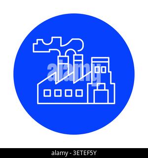 Minimalist icon of an industrial factory with pipes on a blue circular background. Perfect for representing manufacturing, production, and technology Stock Vector