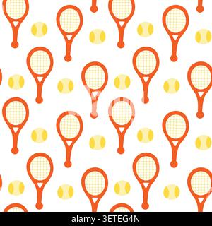 Seamless pattern illustration of tennis rocket with ball in red and yellow colors. Stock Vector