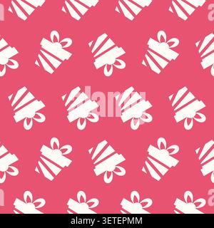 Repeated pattern of white gift boxes with bows on a pink background. Vector illustration Stock Vector