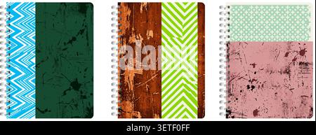 A triptych of notebooks displays varied covers with distressed textures, zigzag and striped patterns, and weathered surfaces in teal, blue, green, bro Stock Vector