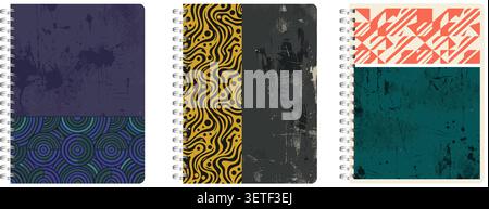 A trio of spiral-bound notebooks featuring varied covers: a deep purple panel with splatter texture, a middle panel with a yellow and black zebra-like Stock Vector