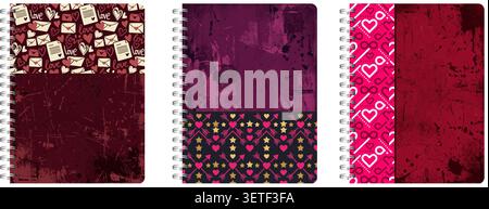 A trio of spiral-bound notebooks featuring distressed textures and decorative covers dominated by hearts, motifs, and bold graphic patterns in pink Stock Vector