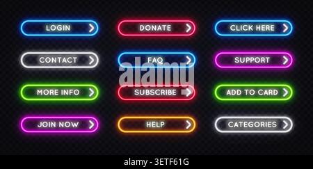 Set of neon rounded web buttons with labels Login, Subscribe, FAQ, Donate and more on dark background. Glowing colorful UI kit for website and app Stock Vector