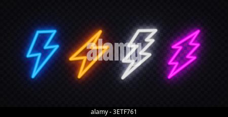 Set of 4 neon glowing lightning bolt icons in blue, orange, white and pink on dark transparent background. Electric thunder symbols for game, poster Stock Vector