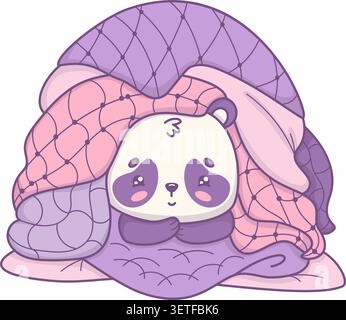Lazy Panda Bear Resting Under Huge Pile Of Weighted Blankets With Head On Paws. Kawaii Vector Illustration Of Cute Cozy Cartoon Animal. Rest, Sweet Sl Stock Vector