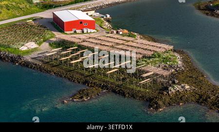 Aerial view of drying racks for traditional food products arranged in ...
