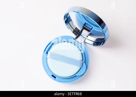 Cushion foundation on white background, top view. Makeup product Stock Photo