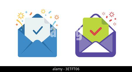 Two envelope icons with checkmarks and confetti Stock Vector