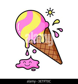 Kawaii melting ice cream cone vector illustration Stock Vector