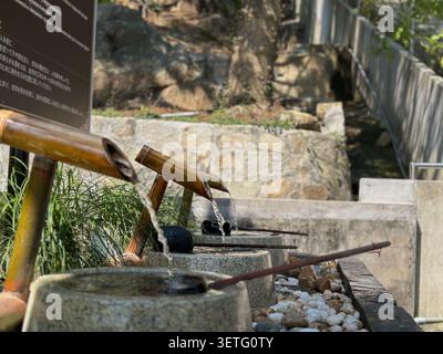 Close-up of a bamboo water fountain with stone basins for ritual cleansing. Clear water flows from traditional bamboo pipes into stone bowls with long Stock Photo